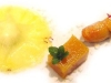           Assaggi di Teatro: voglia di Caraibi: raviolo di ananas, sorbetto di lime, caviale di mango, gelatina al frutto della passione con salsa al rum e una banana caramellata con peperoncino piccante